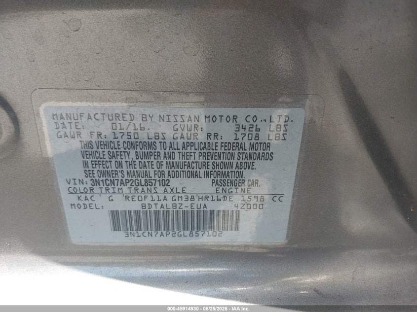 2016 Nissan Versa VIN 3N1CN7AP2GL857102 IAAI salvage auction — REAR END, Salvage Title, sold $1,150 on 2026-10-04 (photo 9)