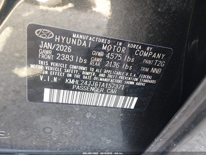 2026 Hyundai Sonata VIN KMHL24JJ6TA157371 IAAI salvage auction — FRONT END, Enterprise Vehicles Clear Only (Texas), sold $16,300 on 2026-08-20 (photo 9)
