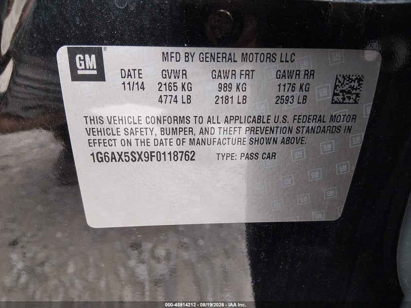 2015 Cadillac Cts VIN 1G6AX5SX9F0118762 IAAI salvage auction — LEFT REAR, Salvage Title, sold $0 on 2026-09-28 (photo 9)