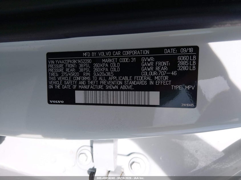 2019 Volvo Xc90 VIN YV4A22PK8K1452290 IAAI salvage auction — REAR END, Salvage (Louisiana), sold $8,900 on 2026-09-15 (photo 9)