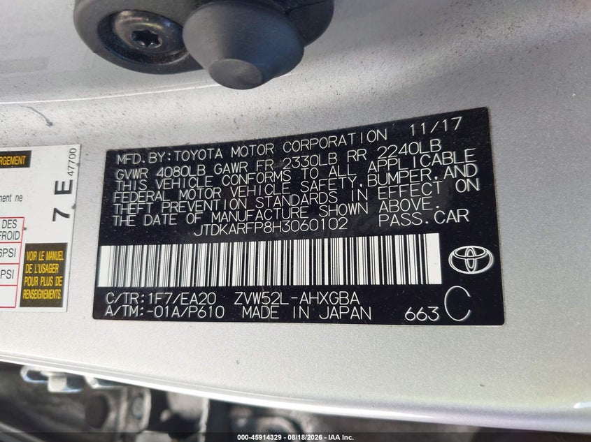 2017 Toyota Prius prime VIN JTDKARFP8H3060102 IAAI salvage auction — NORMAL WEAR, Clear - Dealer Only (California), sold $7,250 on 2026-08-26 (photo 9)