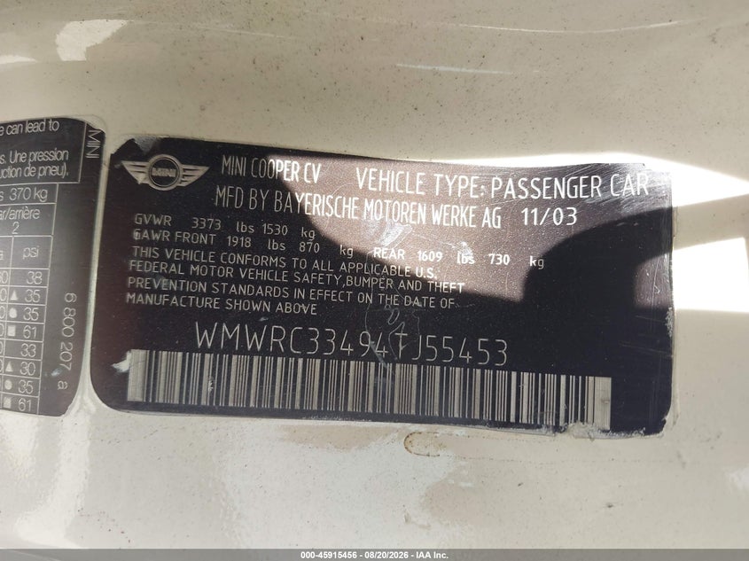 2004 MINI Cooper VIN WMWRC33494TJ55453 IAAI salvage auction — Left Front, Salvage, sold $500 on 2026-10-14 (photo 9)