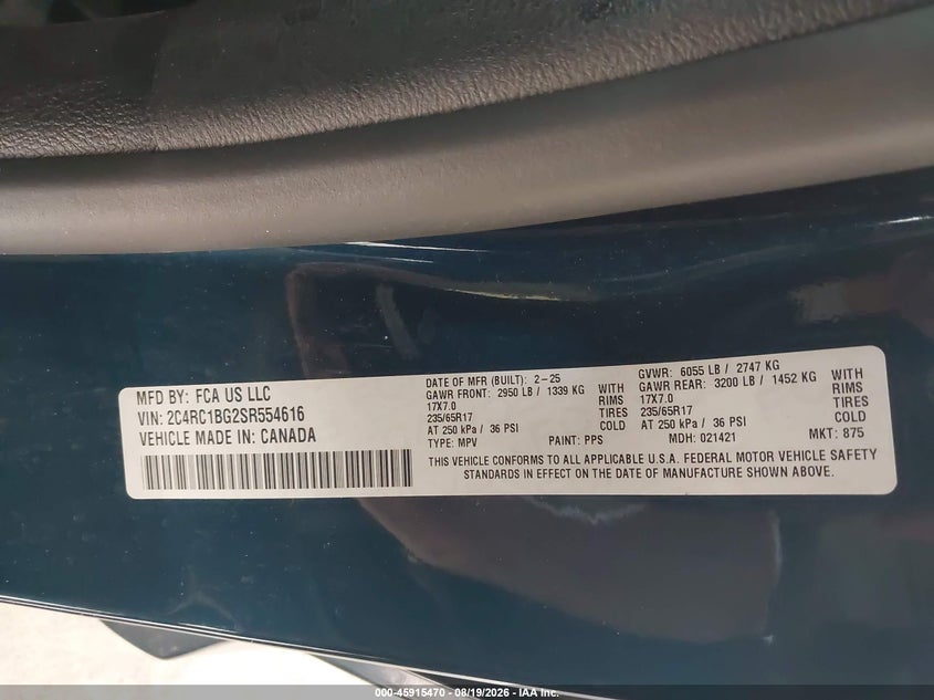 2025 Chrysler Pacifica VIN 2C4RC1BG2SR554616 IAAI salvage auction — FRONT END, Enterprise Vehicle Bill Of Sale (Washington), sold $8,300 on 2026-08-23 (photo 9)