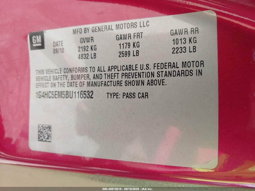 2011 Buick Lucerne VIN 1G4HC5EM5BU116532 IAAI salvage auction — NORMAL WEAR, Original (Ohio), sold $575 on 2026-09-03 (photo 9)