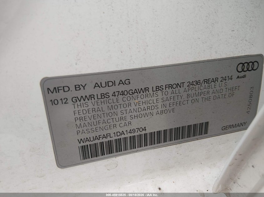 2013 Audi A4 VIN WAUAFAFL1DA149704 IAAI salvage auction — NORMAL WEAR, Clear (Tennessee), sold $2,575 on 2026-09-02 (photo 9)