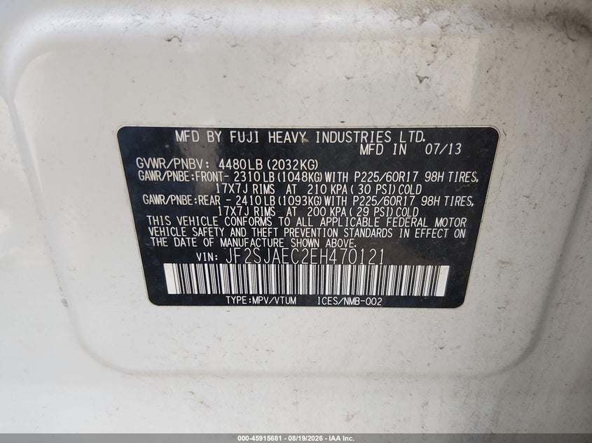 2014 Subaru Forester VIN JF2SJAEC2EH470121 IAAI salvage auction — FRONT END, Clear (New Jersey), sold $25 on 2026-09-07 (photo 9)
