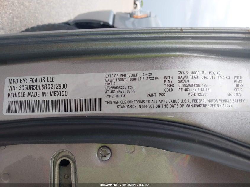 2024 Ram 2500 VIN 3C6UR5DL8RG212900 IAAI salvage auction — THEFT, Wait Title, sold $25,150 on 2026-10-01 (photo 9)