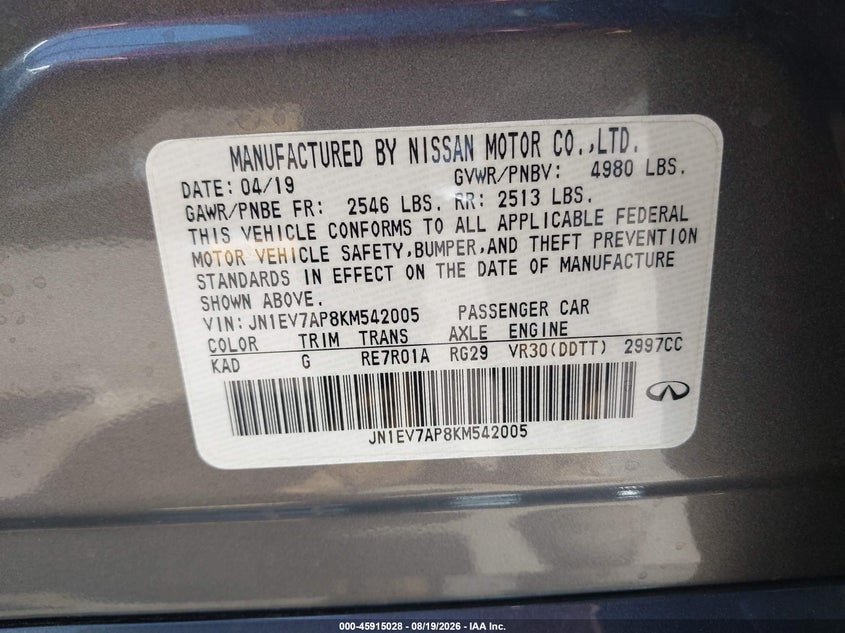 2019 Infiniti Q50 VIN JN1EV7AP8KM542005 IAAI salvage auction — FRONT END, Salvage Title, sold $3,250 on 2026-09-15 (photo 9)