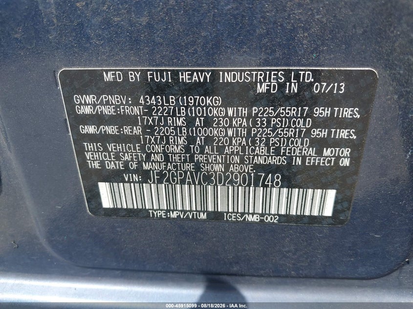 2013 Subaru Xv VIN JF2GPAVC3D2901748 IAAI salvage auction — FRONT END, Salvage (California), sold $1,350 on 2026-08-29 (photo 9)