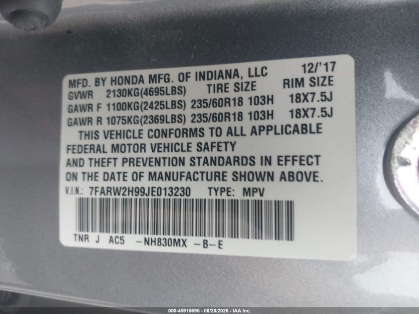 2018 Honda Cr-v VIN 7FARW2H99JE013230 IAAI salvage auction — REAR END, Wait Title, sold $9,150 on 2026-09-12 (photo 9)