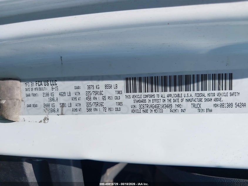 2016 Ram VIN 3C6TRVAG4GE103409 IAAI salvage auction — NORMAL WEAR, Original (Ohio), sold $3,125 on 2026-09-03 (photo 9)