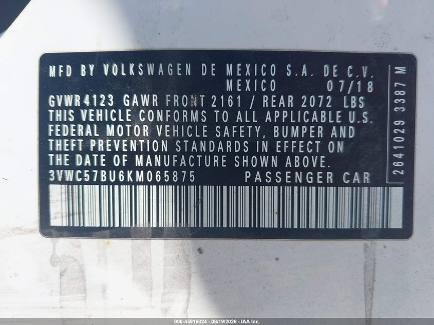 2019 Volkswagen Jetta VIN 3VWC57BU6KM065875 IAAI salvage auction — LEFT SIDE, Salvage Title, sold $2,200 on 2026-09-11 (photo 9)