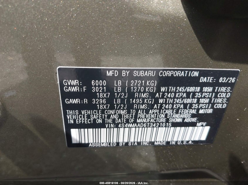 2026 Subaru Ascent VIN 4S4WMAAD6T3421015 IAAI salvage auction — FRONT END, Clear (Virginia), sold $20,600 on 2026-08-28 (photo 9)