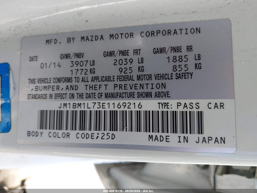 2014 Mazda 3 VIN JM1BM1L73E1169216 IAAI salvage auction — REAR END, Salvage (California), sold $2,300 on 2026-09-02 (photo 9)