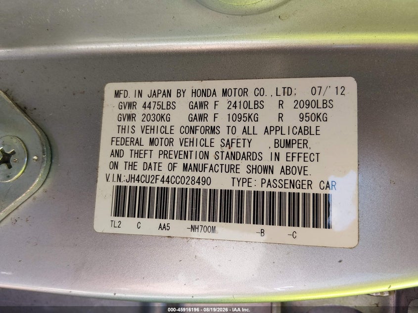 2012 Acura Tsx VIN JH4CU2F44CC028490 IAAI salvage auction — NORMAL WEAR, Wait Title, sold $675 on 2026-09-16 (photo 9)