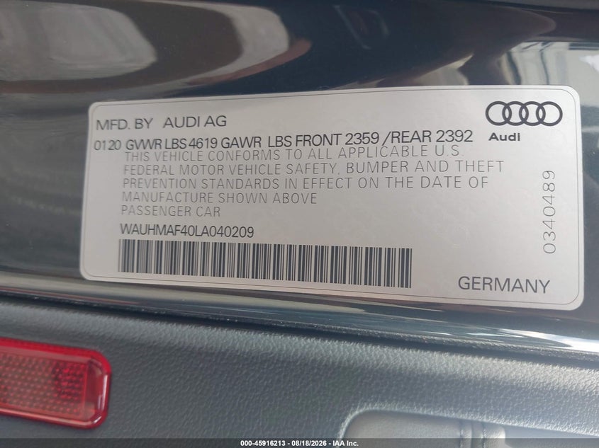 2020 Audi A4 VIN WAUHMAF40LA040209 IAAI salvage auction — REAR END, Rebuildable (Florida), sold $7,150 on 2026-09-03 (photo 9)