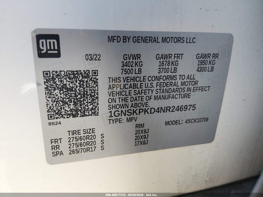 2022 Chevrolet Tahoe VIN 1GNSKPKD4NR246975 IAAI salvage auction — LEFT SIDE, Salvage (Kansas), sold $20,200 on 2026-09-11 (photo 9)