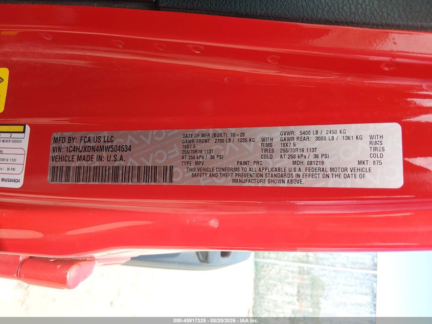 2021 Jeep Wrangler / VIN 1C4HJXDN4MW504634 IAAI salvage auction — FRONT END, Salvage Title, sold $6,900 on 2026-10-02 (photo 9)