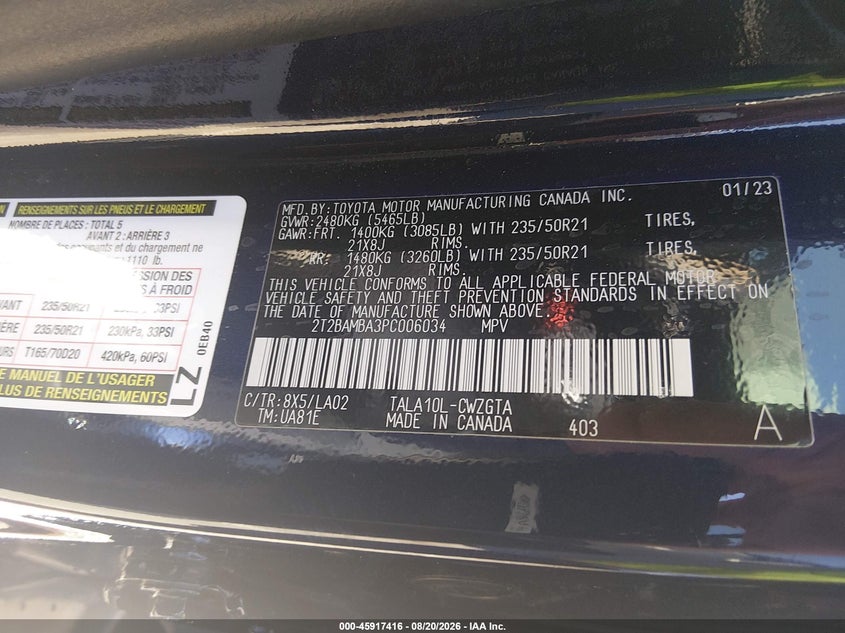 2023 Lexus Rx VIN 2T2BAMBA3PC006034 IAAI salvage auction — FRONT END, Salvage Title, sold $23,850 on 2026-09-24 (photo 9)