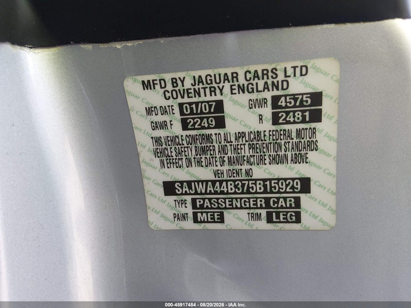 2007 Jaguar Xk VIN SAJWA44B375B15929 IAAI salvage auction — WATER/FLOOD, Salvage (Indiana), sold $2,050 on 2026-09-23 (photo 9)