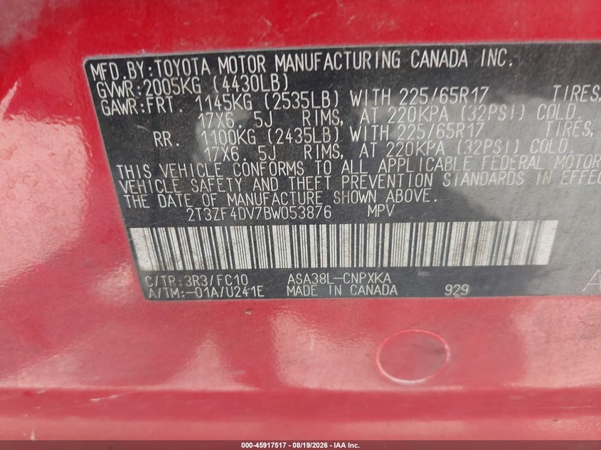 2011 Toyota Rav4 VIN 2T3ZF4DV7BW053876 IAAI salvage auction — NORMAL WEAR, Original (Texas), sold $3,100 on 2026-09-14 (photo 9)
