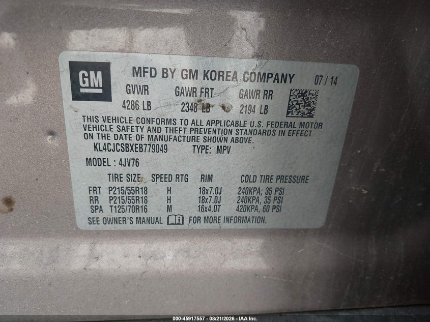 2014 Buick Encore VIN KL4CJCSBXEB779049 IAAI salvage auction — NORMAL WEAR, Wait Title, sold $1,375 on 2026-09-06 (photo 9)