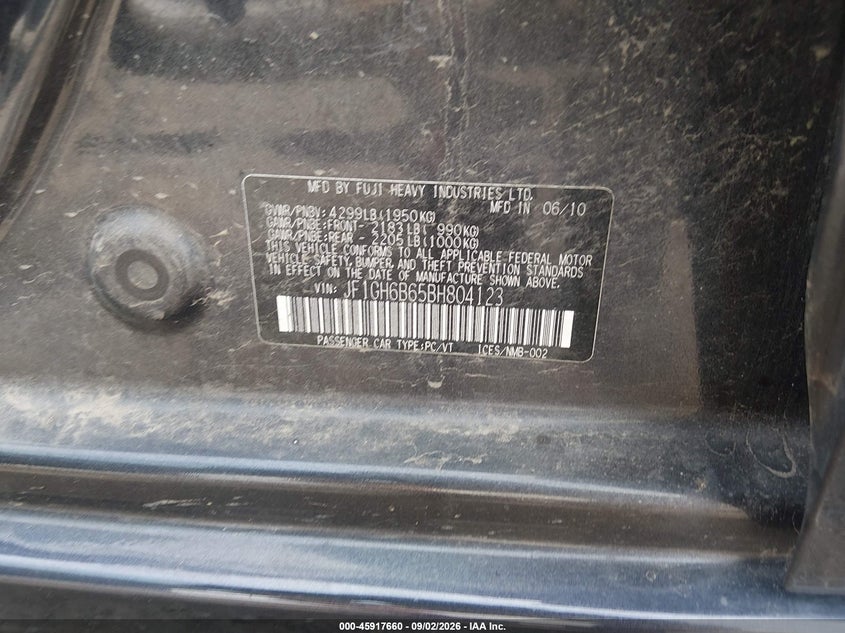 2011 Subaru Impreza VIN JF1GH6B65BH804123 IAAI salvage auction — FRONT END, Clear (Massachusetts), sold $0 on 2026-09-16 (photo 9)