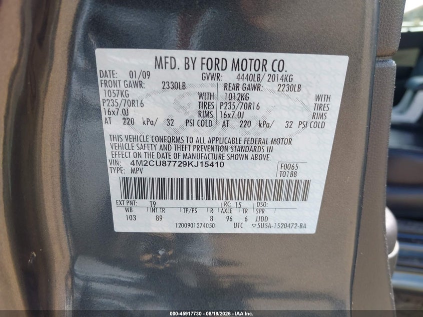 2009 Mercury Mariner VIN 4M2CU87729KJ15410 IAAI salvage auction — FRONT END, Salvage (Louisiana), sold $375 on 2026-09-15 (photo 9)