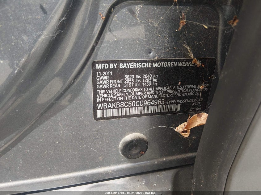 2012 BMW 7er VIN WBAKB8C50CC964963 IAAI salvage auction — NORMAL WEAR, Salvage Title, sold $1,500 on 2026-09-13 (photo 9)