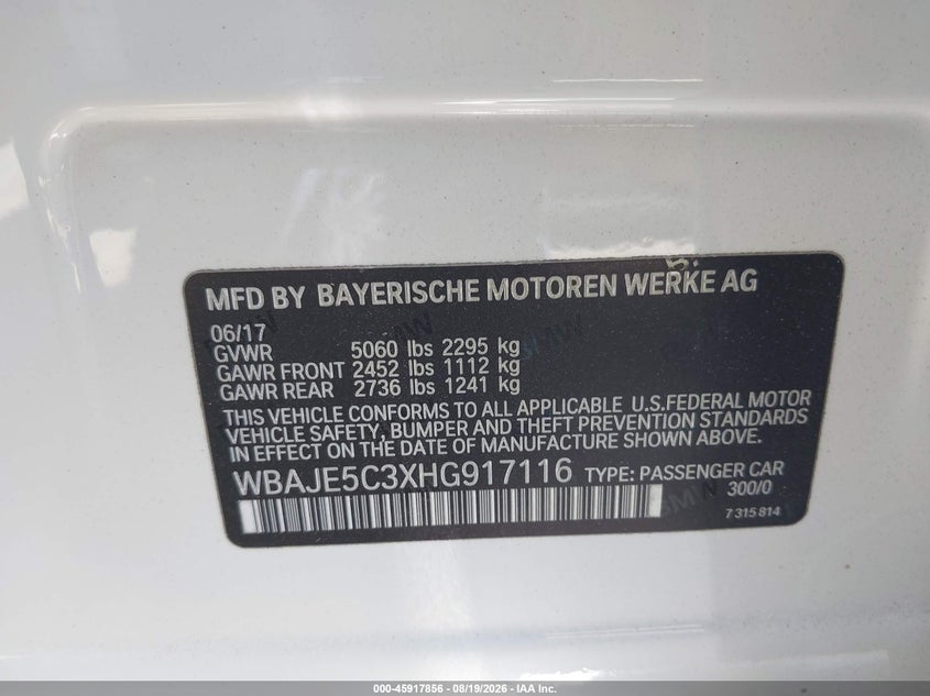 2017 BMW 5er VIN WBAJE5C3XHG917116 IAAI salvage auction — FRONT END, Wait Title, sold $10,650 on 2026-10-14 (photo 9)