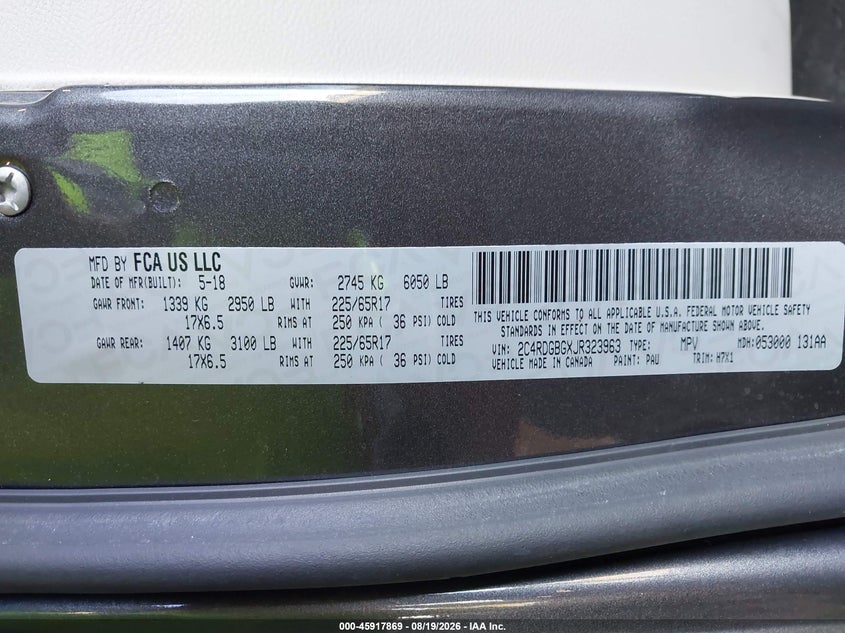 2018 Dodge Grand caravan VIN 2C4RDGBGXJR323963 IAAI salvage auction — NORMAL WEAR, Sf97 (Georgia), sold $9,950 on 2026-10-06 (photo 9)