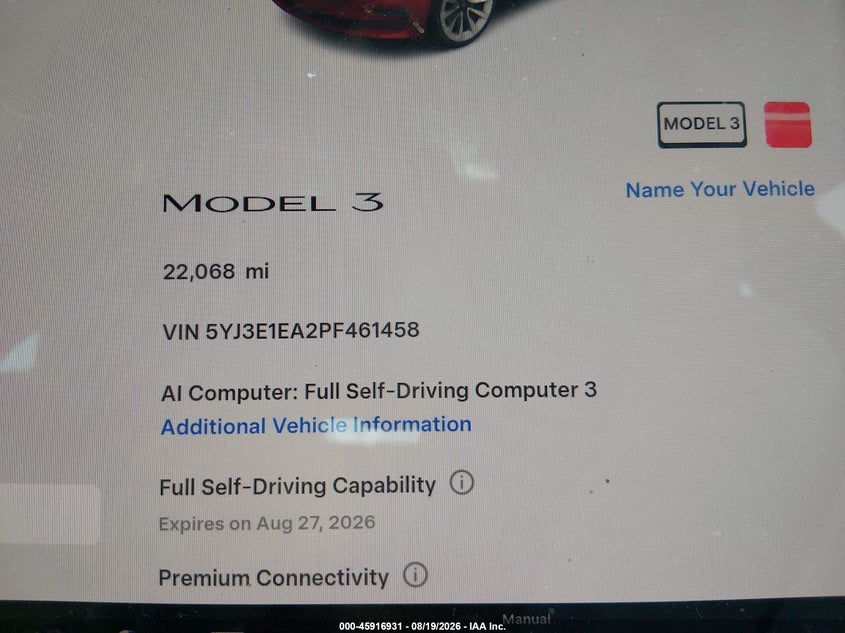 2023 Tesla Model 3 VIN 5YJ3E1EA2PF461458 IAAI salvage auction — REAR END, Wait Title, sold $7,800 on 2026-09-02 (photo 7)
