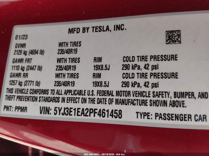 2023 Tesla Model 3 VIN 5YJ3E1EA2PF461458 IAAI salvage auction — REAR END, Wait Title, sold $7,800 on 2026-09-02 (photo 9)