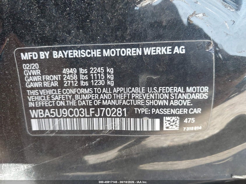 2020 BMW M340i VIN WBA5U9C03LFJ70281 IAAI salvage auction — NORMAL WEAR, Reconstructed (Massachusetts), sold $5,100 on 2026-09-08 (photo 9)
