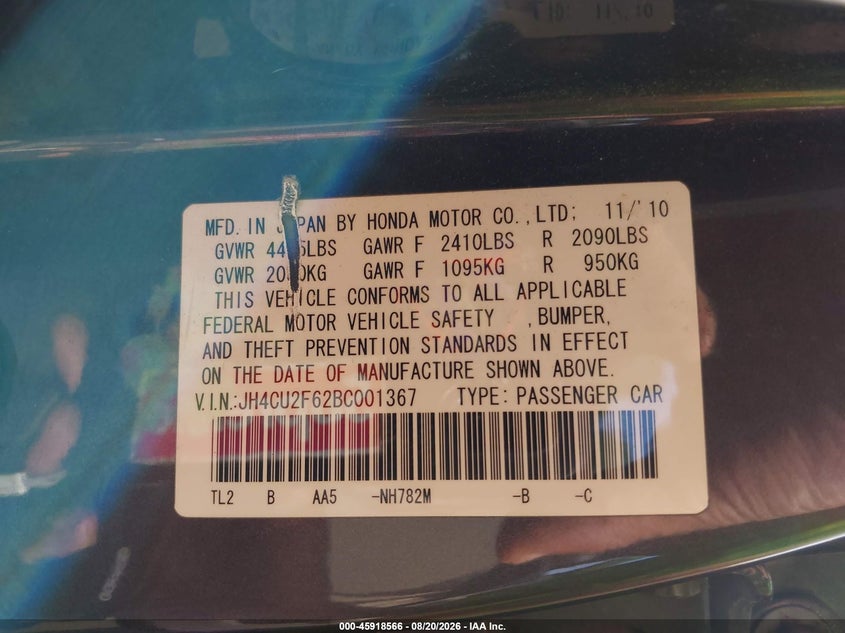 2011 Acura Tsx VIN JH4CU2F62BC001367 IAAI salvage auction — SIDE, Salvage (Connecticut), sold $750 on 2026-09-04 (photo 9)