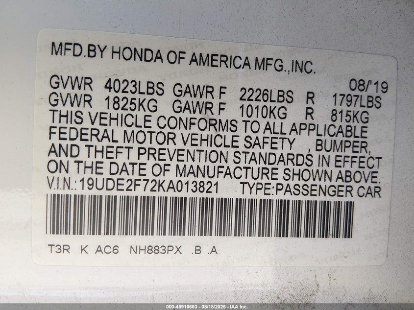2019 Acura Ilx VIN 19UDE2F72KA013821 IAAI salvage auction — FRONT END, Salvage (California), sold $4,225 on 2026-09-15 (photo 9)