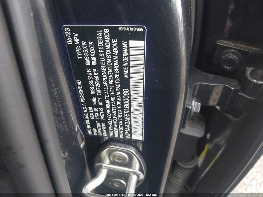 2024 Porsche Macan VIN WP1AA2A55RLB00080 IAAI salvage auction — FRONT END, Salvage (Pennsylvania), sold $11,900 on 2026-09-25 (photo 9)