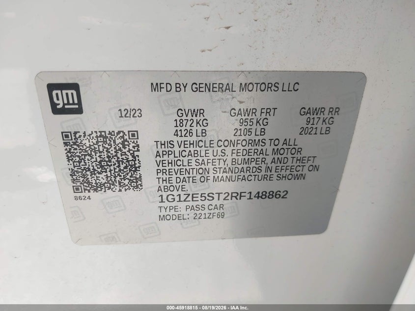 2024 Chevrolet Malibu VIN 1G1ZE5ST2RF148862 IAAI salvage auction — TRANSMISSION, Salvage Title, sold $8,300 on 2026-08-23 (photo 9)
