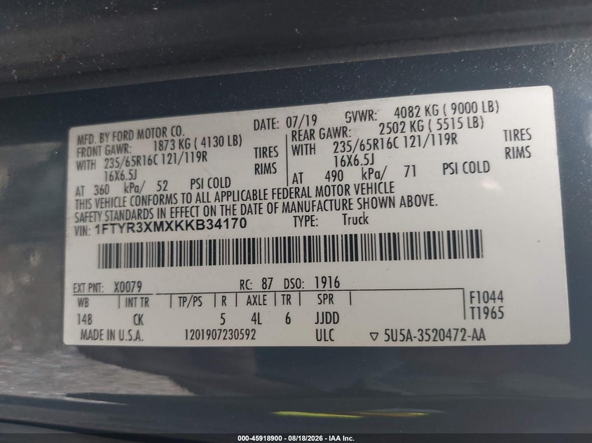 2019 Ford Transit-250 VIN 1FTYR3XMXKKB34170 IAAI salvage auction — LEFT & RIGHT, Clear (New Jersey), sold $7,000 on 2026-08-26 (photo 9)