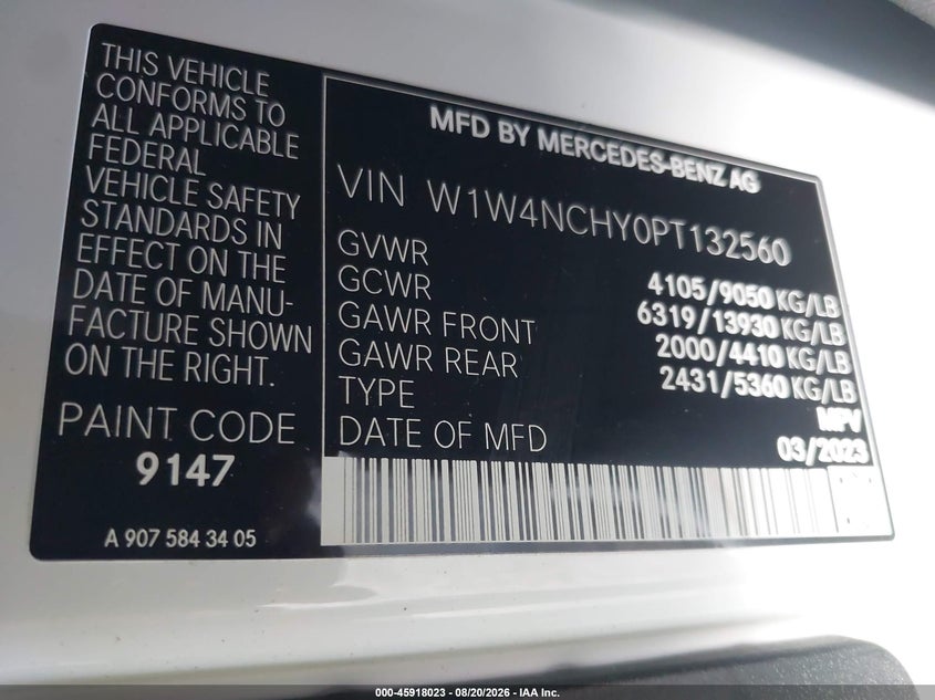 2023 Mercedes-benz Sprinter VIN W1W4NCHY0PT132560 IAAI salvage auction — FRONT END, Wait Title, sold $15,100 on 2026-10-09 (photo 9)