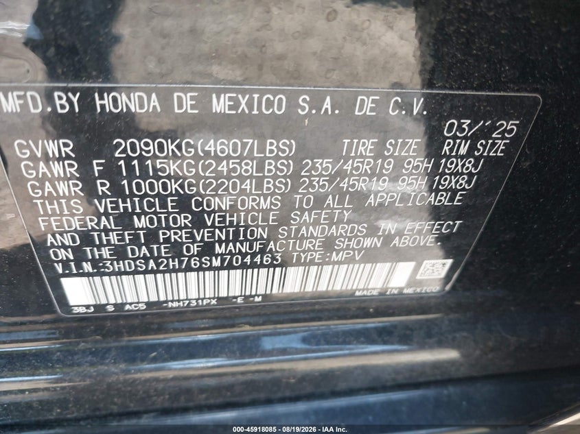 2025 Acura Adx VIN 3HDSA2H76SM704463 IAAI salvage auction — LEFT FRONT, Salvage (Massachusetts), sold $12,200 on 2026-09-11 (photo 9)