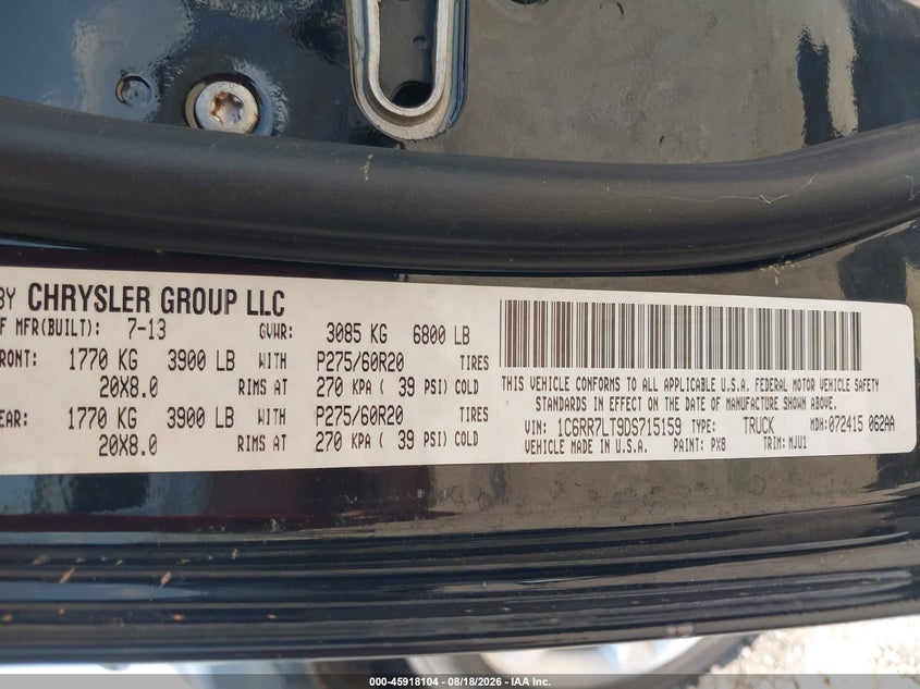 2013 Ram 1500 VIN 1C6RR7LT9DS715159 IAAI salvage auction — FRONT & REAR, Salvage (Alabama), sold $1,050 on 2026-09-07 (photo 9)