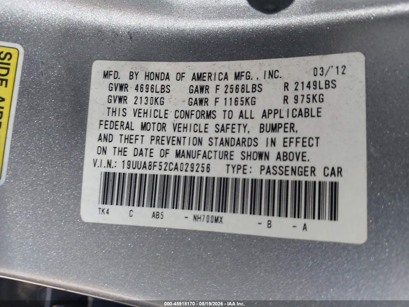 2012 Acura Tl VIN 19UUA8F52CA029256 IAAI salvage auction — FRONT END, Wait Title, sold $1,000 on 2026-09-23 (photo 9)