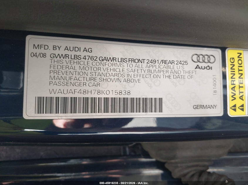 2008 Audi A4 VIN WAUAF48H78K015838 IAAI salvage auction — REAR END, Salvage (Pennsylvania), sold $875 on 2026-09-09 (photo 9)