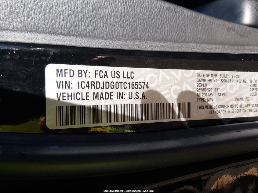 2026 Dodge Durango VIN 1C4RDJDG0TC165574 IAAI salvage auction — REAR END, Salvage Title, sold $19,600 on 2026-08-22 (photo 9)