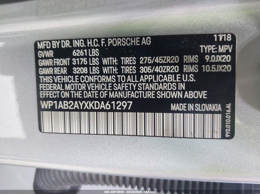 2019 Porsche Cayenne VIN WP1AB2AYXKDA61297 IAAI salvage auction — RIGHT SIDE, Salvage Title, sold $14,200 on 2026-09-20 (photo 9)