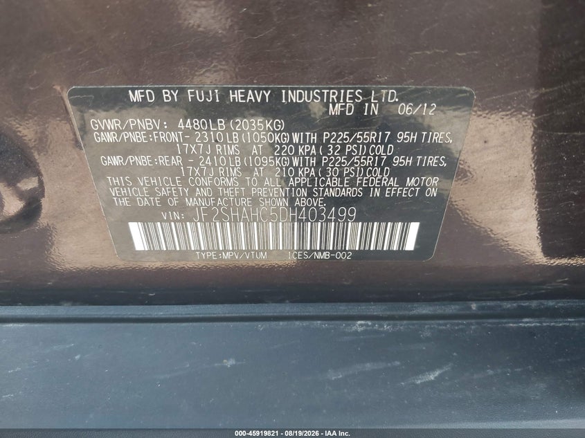 2013 Subaru Forester VIN JF2SHAHC5DH403499 IAAI salvage auction — NORMAL WEAR, Original (Ohio), sold $725 on 2026-09-15 (photo 9)