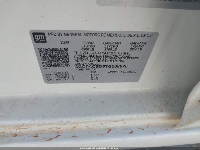 2026 Chevrolet Silverado VIN 3GCPACED6TG208876 IAAI salvage auction — LEFT FRONT, Salvage Title, sold $19,000 on 2026-08-23 (photo 9)