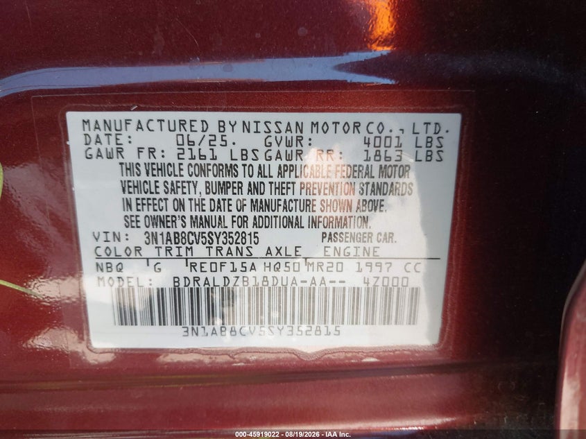 2025 Nissan Sentra VIN 3N1AB8CV5SY352815 IAAI salvage auction — SIDE, Enterprise Vehicles Clear Only (California), sold $11,000 on 2026-08-22 (photo 9)