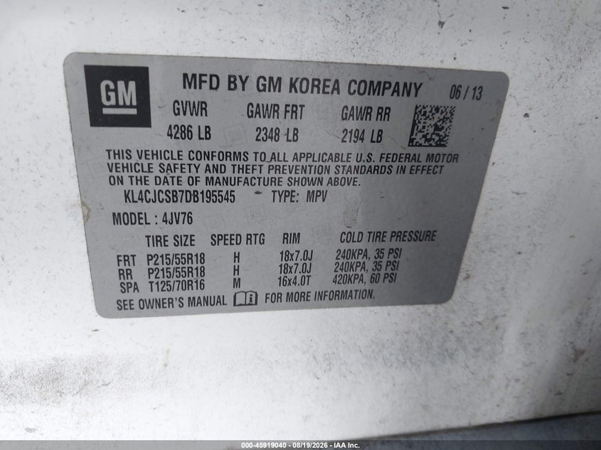 2013 Buick Encore VIN KL4CJCSB7DB195545 IAAI salvage auction — FRONT END, Rebuildable (Florida), sold $1,250 on 2026-09-02 (photo 9)